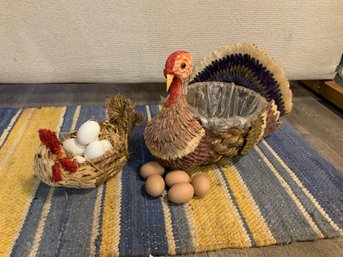 Wicker Turkey And Wicker Hen Baskets With 11 Eggs 13 Pieces
