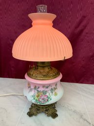 Pink Floral Hurricane Lamp Vintage With Pink Glass Globe Top Milk Glass And Brass Base 19' Tall