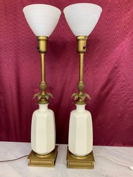 Pair Of Vintage Hollywood Regency Lenox Stiffel Pineapple Torchiere Lamps Brass And Porcelain