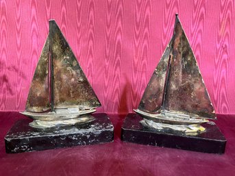 Silver Plate Sail Boat Book Ends On Cast Base