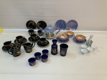 Box Lot Of Assorted Tea Sets, Saki Sets Lusterware, Sucers, Plates And Cups