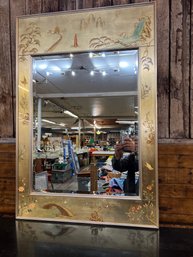 Vintage 1970s SIGNED LaBarge Reverse Painted Chinoiserie Gilt Gold Leaf & Chrome Trimmed Rectangular Mirror