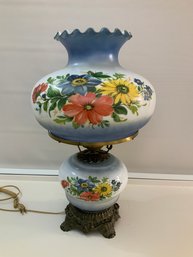 3 Way Hurricane Lamp Blue And White With Flowers Large 22' High And 14' Wide