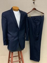 Men's Jos A Bank Suit Navy Blue With Blue Pinstripe 100 Wool Jacket Size 42R Pants Size 36R Hand Sewn Buttons
