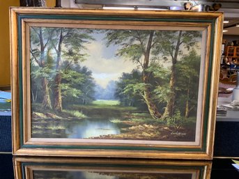 Vintage Framed Oil Painting Of Trees By The Brook Signed Wilson 31' X 43'
