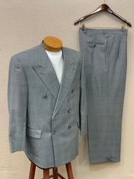 Men's Hickey Freeman Double Breasted Suit Gray Plaid 100 Wool Jacket 41R Pants 37X30 Hand Sewn Buttons