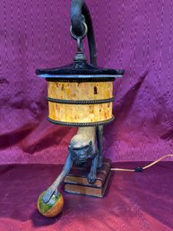 Maitland-Smith Monkey Lamp Verdigris Bronze Patina Leather Inland Book Design Young & Black Penshell Shade