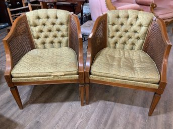 Pair Of Vintage Green Upholstered Bergere Chairs 17' To Seat & 22' Arm To Arm 30' Heght Overall 25' Width 24'
