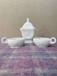 Milk Glass Lot Pedestal Candy Dish With Lid Square With Clipped Corners Flower Pattern And Pair Of Star