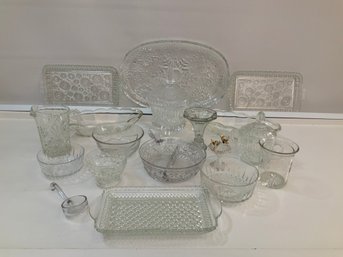 Glass Entertaining Set Platter Serving Dishes Creamer Sugar Etc. 18 Pieces