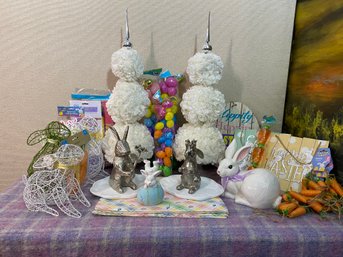 Metallic Rabbits By Dept 47 (2) Milk Glass Plates 2, Pair Of 27' Topiaries, 3 Wire Bunnies, 3 Signs
