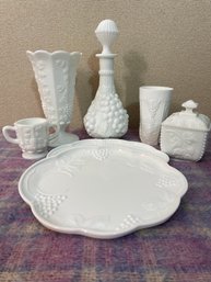 Milk Glass Grape Pattern Lot 2 Lunch Plates Sugar Bowl, Lidded Candy Dish Decanter Drinking Glass & Vase