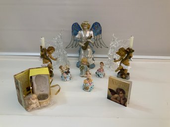Angel Lot Lucite Angels, Candle Holders Angel With Stained Glass Wings Book Etc.