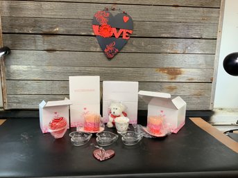 Valentine's Day Lot Mixed New In Box With Candles, Small Plates, Stuffed Animal, Heart Shaped Bowls And More
