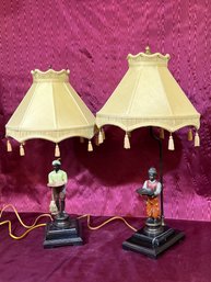 Blackamoor Arabic Marble Based Cast Brass Figural Lamps Very Heavy Mint Condition With Shades 28' Tall