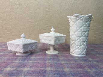 Westmoreland Old Quilt Pattern Milk Glass Vase 9' X 5' & Two Pedestal Candy Dishes With Lids