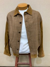 Men's Hickey Freeman Collection Plaid Wool And Alpaca With Suede Collar, Sleeves & Back Size L No Stains Rips