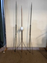 Three (3) Antique Lightning Rods, Copper, One 59 Inches Tall With Glass Ball & Two 65 Inches Tall