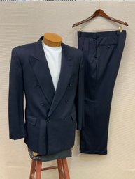 Men's Guy Dormeuil Paris Custom Made Double Breasted Suit Made In France Navy Blue Hand Sewn Buttons Non-Fused