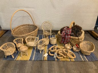 Assorted Wicker Lot Basket With Pine Cones, Doll Chairs, Crafts 21 Pieces