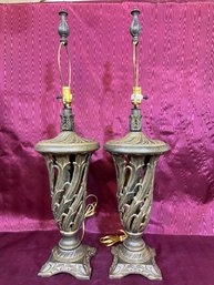 2 Swirled Reeds By Berman Cast Iron Lamps Heavy 3' Tall 7.5' Base