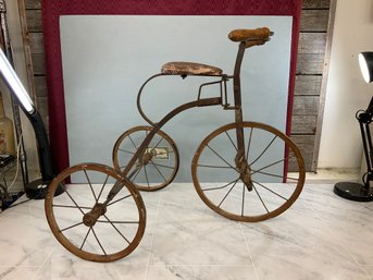 Antique Tricycle Wood & Metal Leather Seat Wood Handle Early 1900's Rare Find 22' To Seat 20' Wheel To Wheel