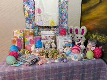 Easter Tablescape Napkins, Chair Covers, Table Cloths, Ceramic Bunnies, Candles
