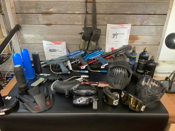 Huge Lot Of Paint Ball Gear, Guns, Masks, Paintball Holders, Googles Co2 Tanks And More