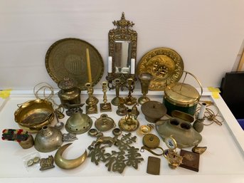 Huge Brass Lot Featuring Inkwell, Cigarette Case Candlesticks Belt Bucles Lamps Platters