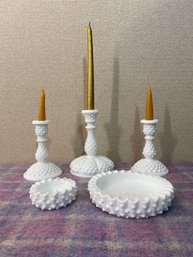Fenton Hobnail White Milk Glass Ashtrays 3 1/2' & 6 1/2' Candle Sticks 7' 5 Pieces