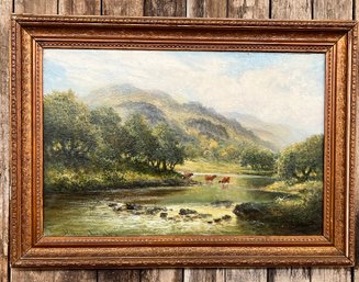 William Langley Mountainside Cows In A Stream  Original Oil Painting 28 3/4 X 20 1/2 Overall