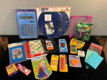 Lot Of Back To School Supplies Jumbo Calculator Magnetic Memo Board Pencils Book Covers Pens 24 Pieces