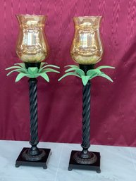 Pair Of Heavy Candle Holders Palm Tree Design With Hurricane Glass Tops