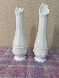 Vintage Westmoreland Milk Glass Swung Vases Scallpoed Fotted With Grape Pattern 10' And 11' Tall Marked WG