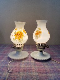 Milk Glass Hurricane Lamps With Yellow Flowers 11' Tall Each 2 Lamps