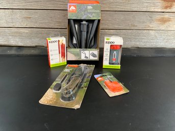 Mixed Camping Lot: Folding Shovel, Typhoon Match Kit With Matches, Paracord Handle Knife, Firestarter