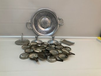 Aluminum Lot Featuring Tart Pans, Candy Dish, Platter, Tray And Candle Sticks 27 Pieces