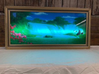 Lighted Picture Of Waterfall With Cherry Blossoms And Panda 19' X 39' X 3' Has Sound, Does Not Shimmer