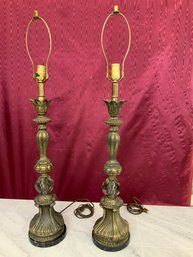 Pair Of Bronze And Cut Glass Candle Stick Lamps 34 1/2' Tall X 6' Diameter