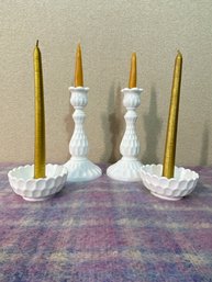Vintage Fenton Milk Glass Thumbprint Candle Sticks 9' X 4 1/2'And Low Candle Holders 2' X 4'