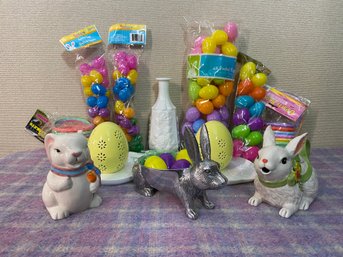 Rabbit Teapot And Creamer Metallic Rabbit Bowl, 2 Ceramic Easter Eggs 2 Milk Glass Plates, 1 Milk Glass Vase