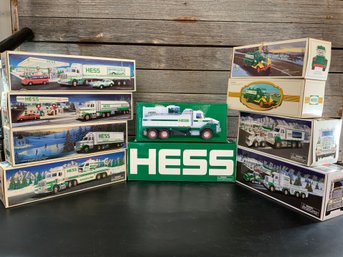 Hess 10 Piece Truck Lot Truck Bank Tanker Dump Truck Loader Tractor Gas Tanker 18 Wheeler Race Car Helicopter