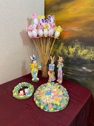 Easter Decor 2 Wall Plaques 3 Figurines 28 Easter Egg Bunnies On Dowels