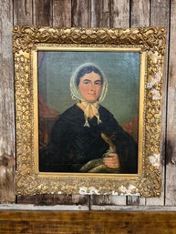 18 Century Portrait Of Lady Holding Her Dog  27 X 31 Overall Frame