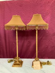 Pair Of Frederick Cooper Square Candle Stick Lamps Gold Tone With Amber Fringed Shades 29' All 10' X 10' Shade