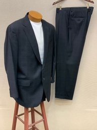 Men's Saks Fifth Avenue Suit Charcoal Window Pane In Light Blue 100 Wool Jacket Size 47/48 Pants Size 39X30