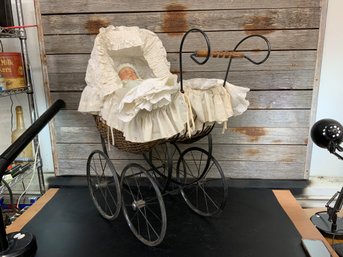Baby Doll With Vintage Style Wicker Carriage With Clothes