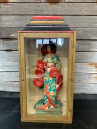 Japanese Geisha Style Doll In Painted Wooden And Glass Case Doll Measure 19' High And Case Is 26' High