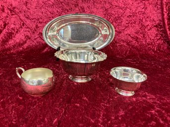 Silver Plated Creamer, Footed Small Bowl, Medium Sized Oval Bowl And Small Dessert Or Sugar Bowl