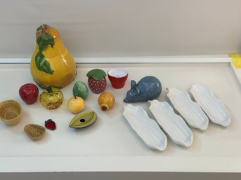 Box Lot Of Ceramic, Glass Fruits, Vegetables, Corn Cob Holders, Cookie Jar And Mouse